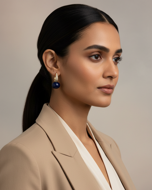 Luxe Navy Pearl American Diamond Zirconia Hoop Earrings