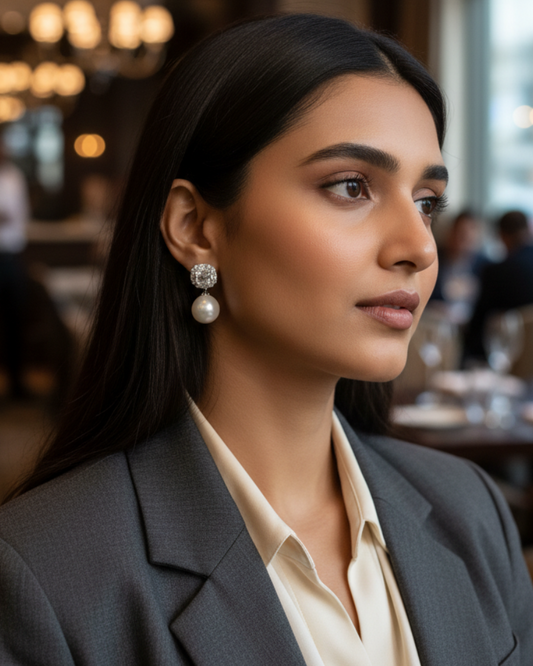 Classic White Pearl American Diamond Zirconia Stud Earrings 