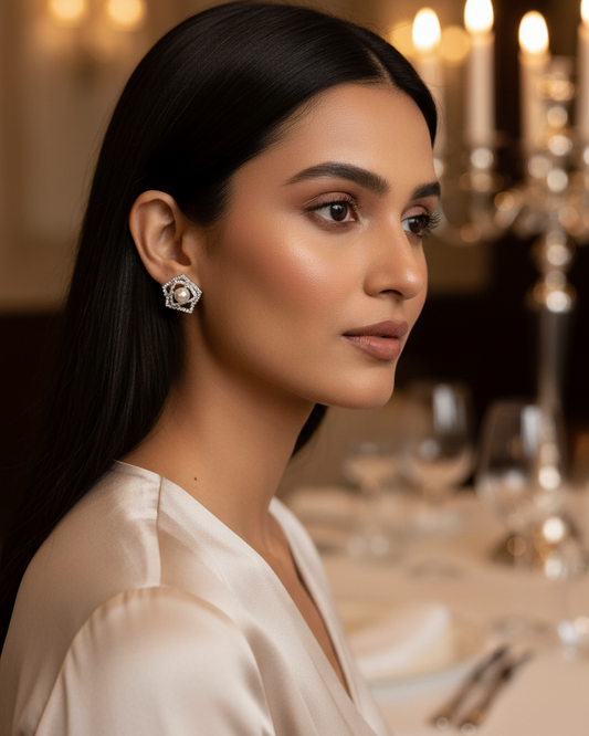 Floral White Pearl American Diamond Zirconia Stud Earrings 