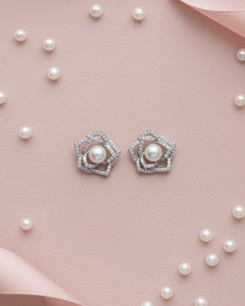 Floral White Pearl Zirconia Studs