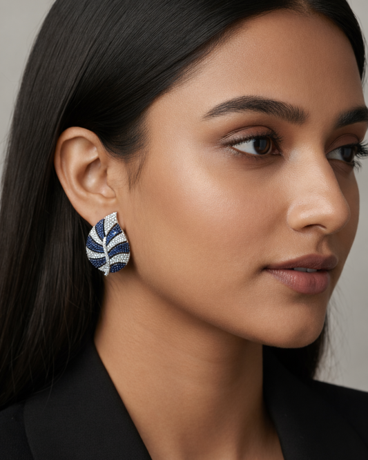 Navy Leaf American Diamond Zirconia Stud Earrings