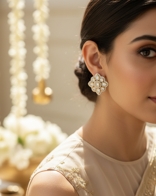 Golden Kiara American Diamond Zirconia Ethnic Stud Earrings 