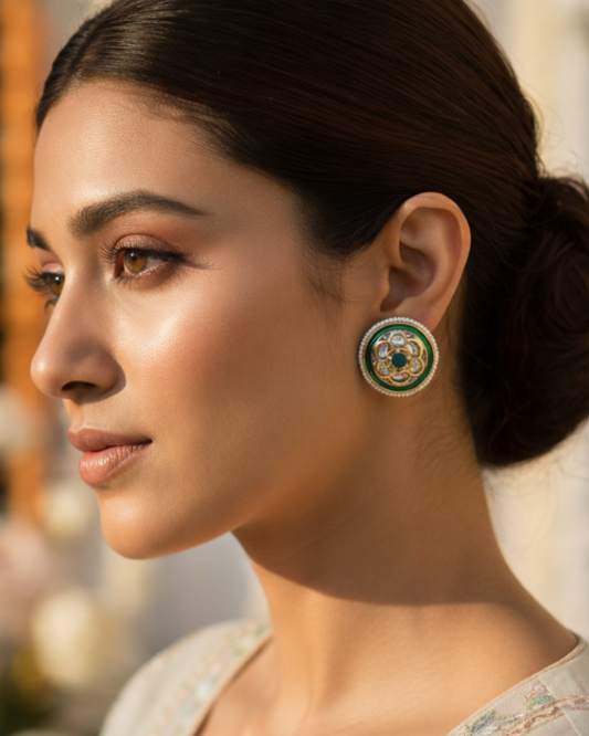 Emerald Alisha American Diamond Meenakari Zirconia Stud Earrings